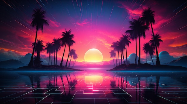 A sunset scene with palm trees and a pink sky