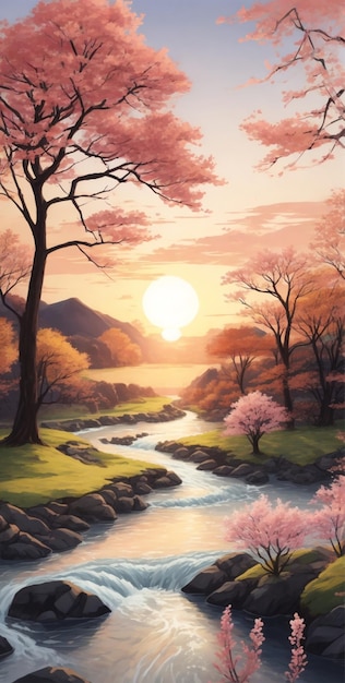 Sunset scene with river and spring trees 9