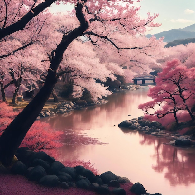 Sunset scene with a river and spring trees in the style of Japanese manga Wallpaper