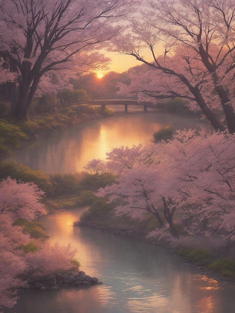 Sunset scene with a river and spring trees in the style of Japanese manga