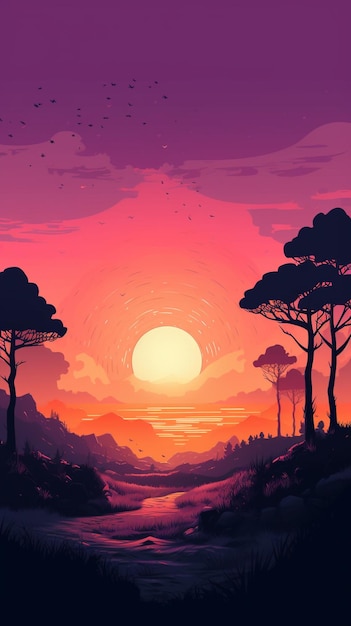 Sunset scene with a river and trees in the foreground generative ai