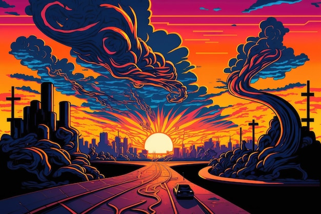 Sunset scenery on a mountain highway colorful handpainted design style