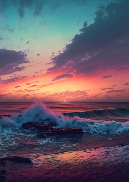 sunset scenery with ocean rock and sky with clouds created using generative ai technology