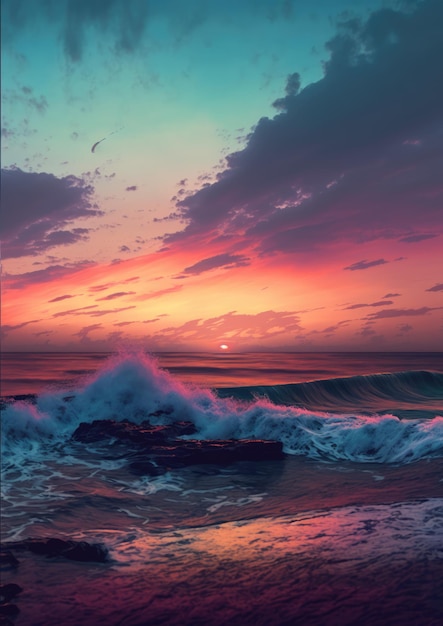 Sunset scenery with ocean rock and sky with clouds created using generative ai technology