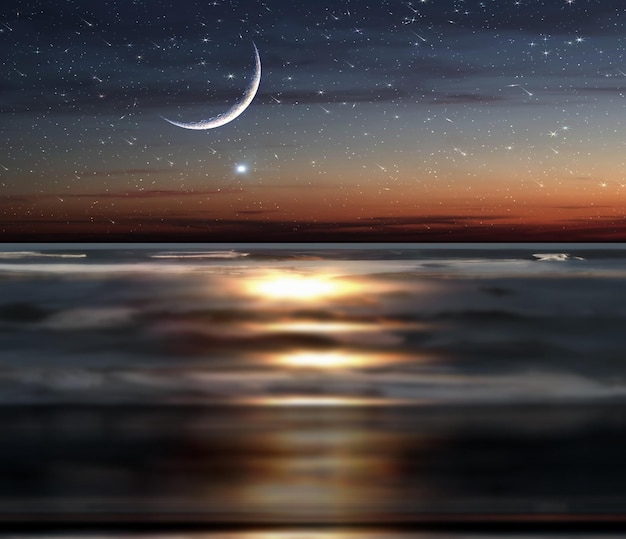 海のビーチの砂の夜の青い星空と月、海の星雲の夕日美しい海の景色