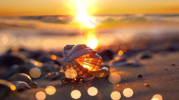 Foto tramonto sulla spiaggia del mare riflesso del raggio di luce del sole sull'acqua di mare e sulla gemma ambrata selvaggia e sulla conchiglia