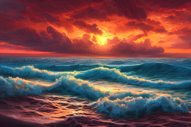 Sunset over the sea color illustration