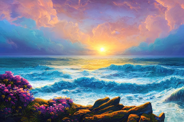 Sunset over the sea color illustration