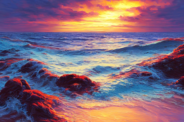 Sunset over the sea color illustration