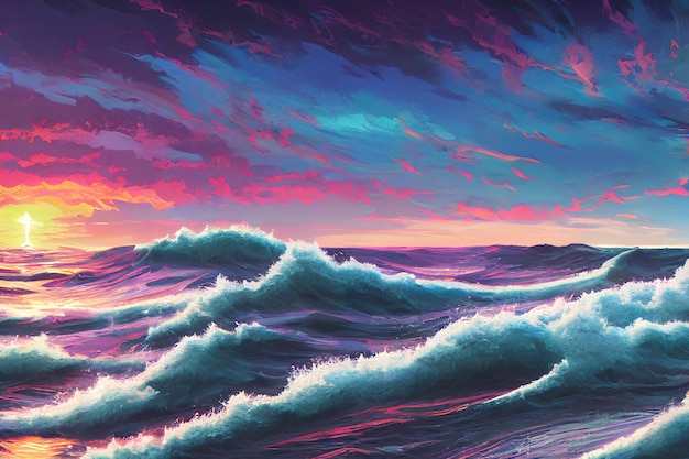 Закат над морской цветной иллюстрацией