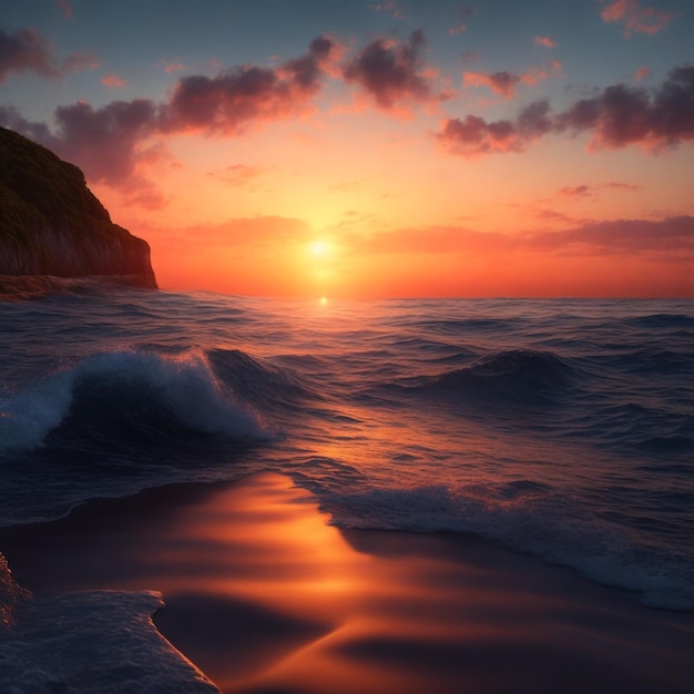 Sunset sea landscape Colorful beach sunrise with calm waves Sunrise over the sea and beautiful clo