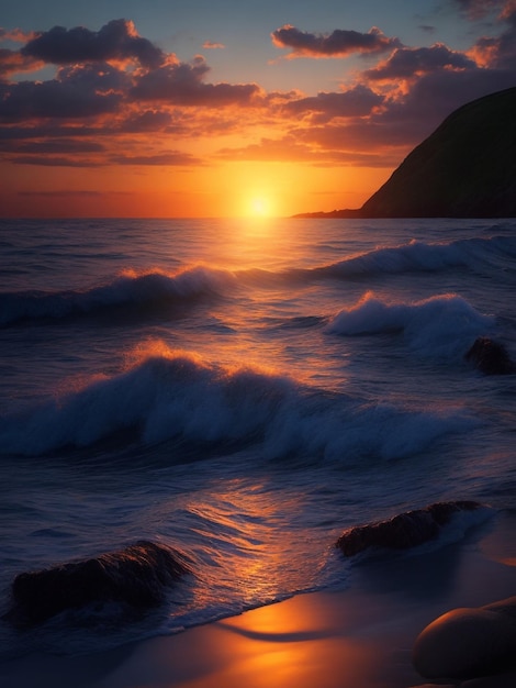 夕暮れの海の風景 色とりどりのビーチ 静かな波の日の出 海と美しいクローの上の日の出