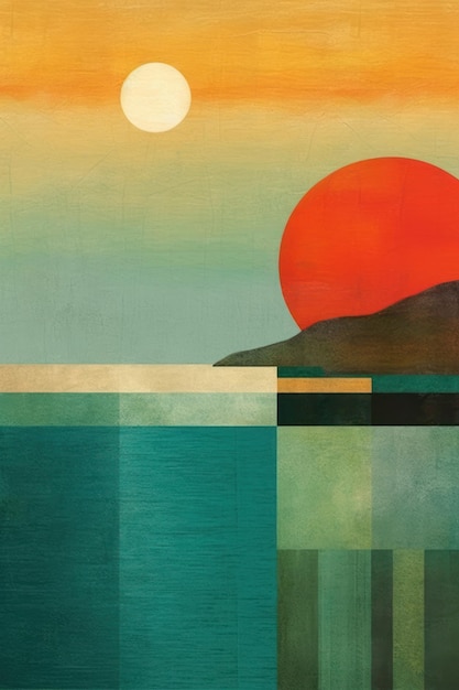 Sunset on the sea and mountains abstract painting digital illustration