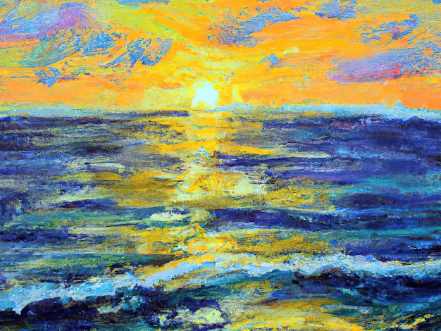 油絵の具で描いた夕日の海