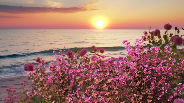 浜辺の砂と野の花に沈む夕日 成れの風景