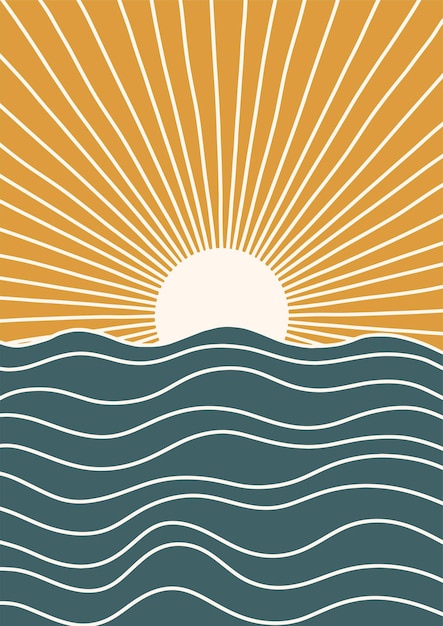 Sunset over sea Seascape Vector illustration in retro style