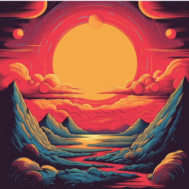 Sunset over the sea Vector illustration in a retro style