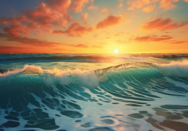 海の波に太陽が沈む空の油絵