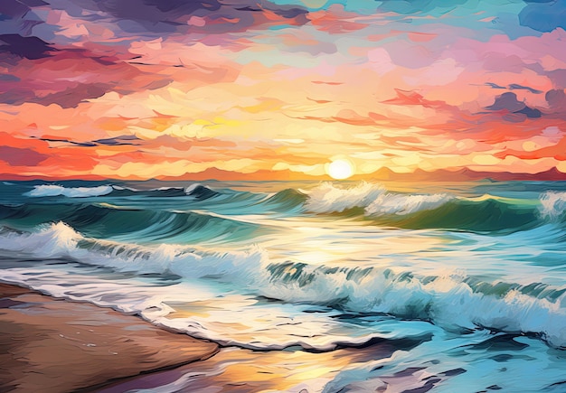 Закат на морских волнах Небо масляная живопись