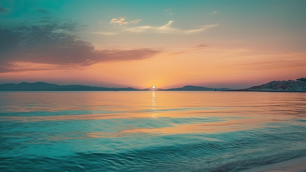 A sunset over the sea with a blue sky and the sun setting behind it