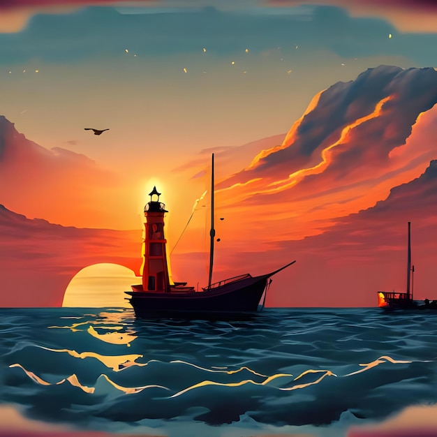 Photo a sunset over the sea with a boat and a lighthouse 2