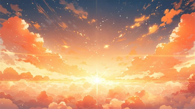 Sunset over the sea with clouds and sun Vector illustration