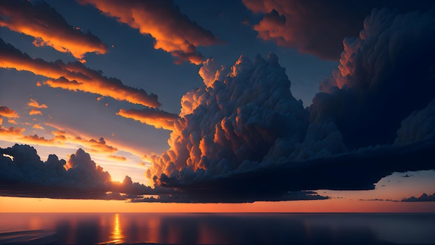 Sunset over the sea with clouds and the sun