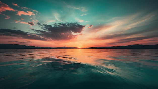 A sunset over the sea with a cloudy sky