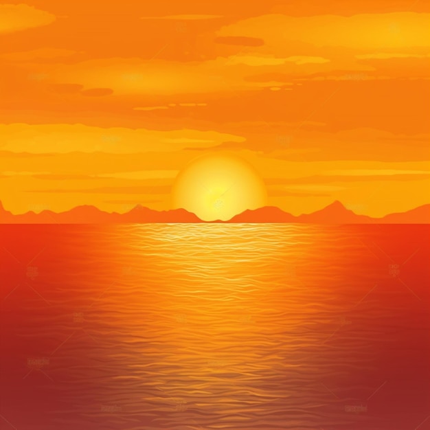 Sunset on the sea with mountains in the background