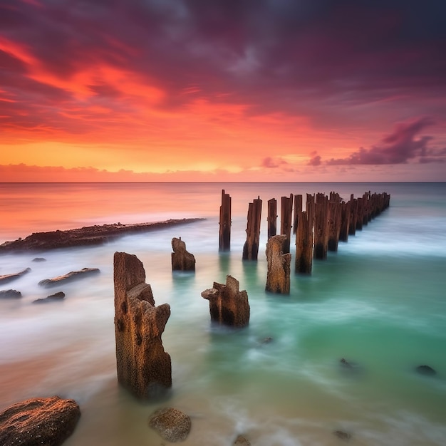 A sunset over the sea with old wooden posts in the water