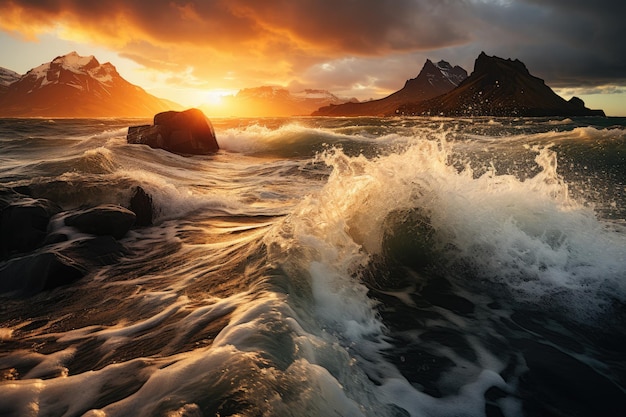 sunset on the sea with a rock in the foreground