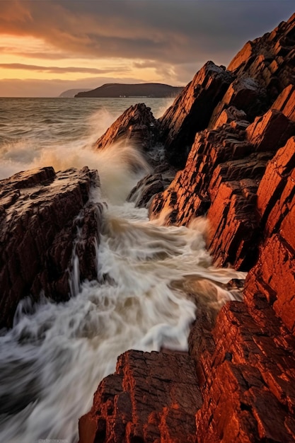 A sunset over the sea with a rock formation in the foreground