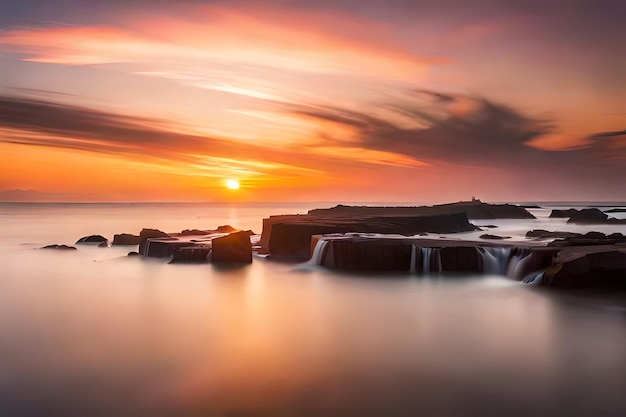 a sunset over the sea with rocks and a sunset