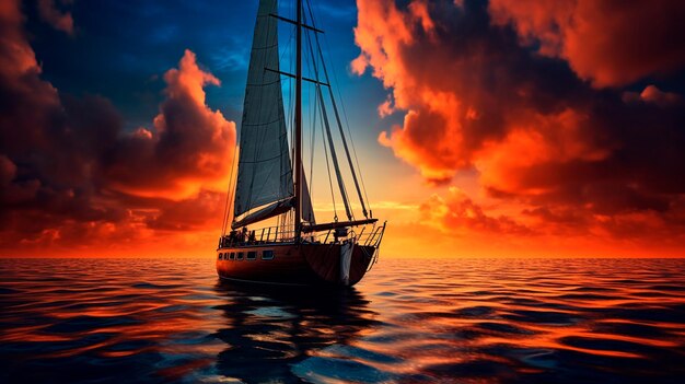 Sunset on the sea with sailing boat