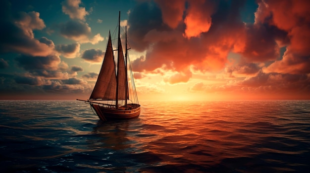 sunset on the sea with sailing boat