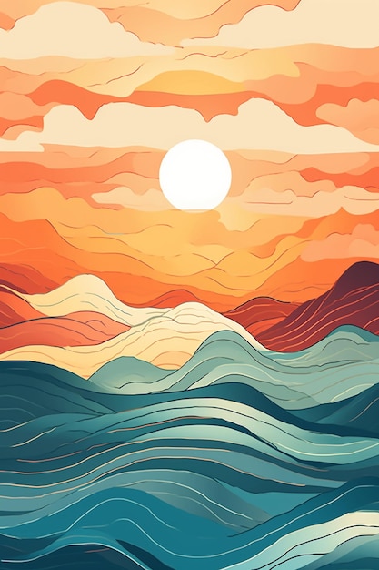 Sunset on the sea with waves and clouds.