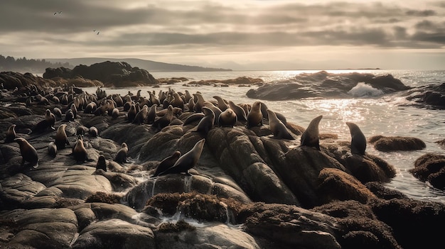 Sunset over Seals on Rugged Coastline Rocks