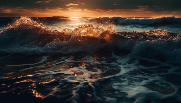 海に沈む夕日 岩に打ち寄せる波 AI が生成した劇的な美しさ