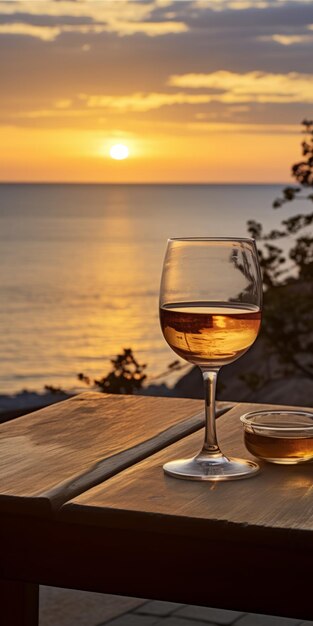 Photo sunset seascapes capturing the beauty of wine and plate on a wood table