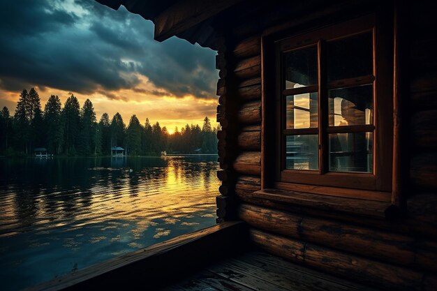 Photo sunset seen through the window of a cabin or cottage