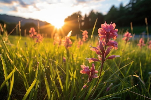 Foto serenata al tramonto fiori selvatici arancioni che ballano nel bagliore serale ia generativa