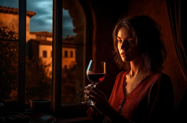 Foto serenata al tramonto con vino rosso donna deliziata dalla bellezza italiana e degustazione di vino