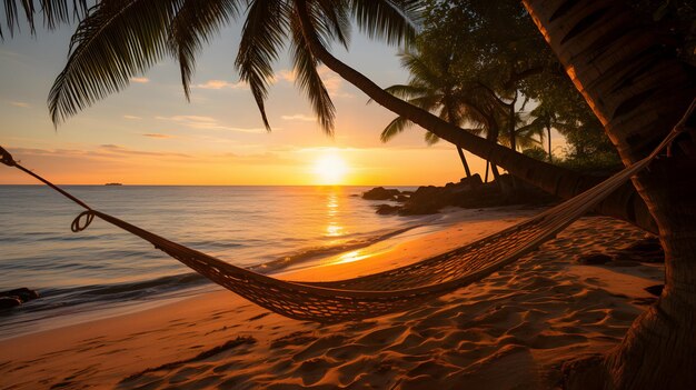 Sunset Serene Beach с гамаком на переднем плане