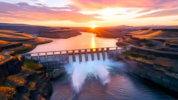 Sunset over serene dam landscape tranquil water and warm skies Perfect for travel energy and nature themes AI