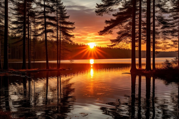 静かな森の湖の上で夕暮れ