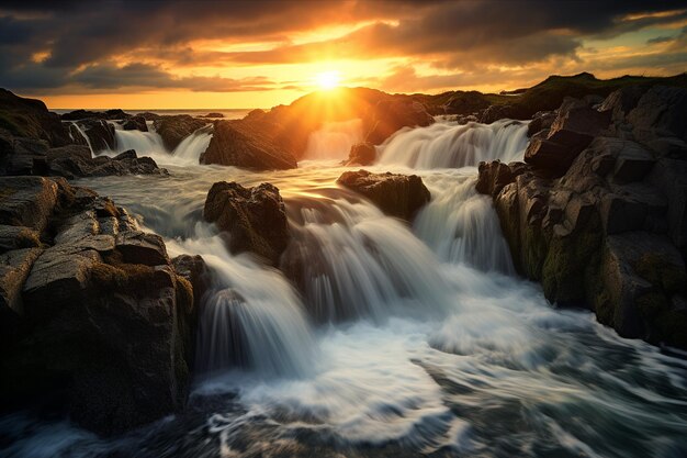 Sunset over a serene waterfall