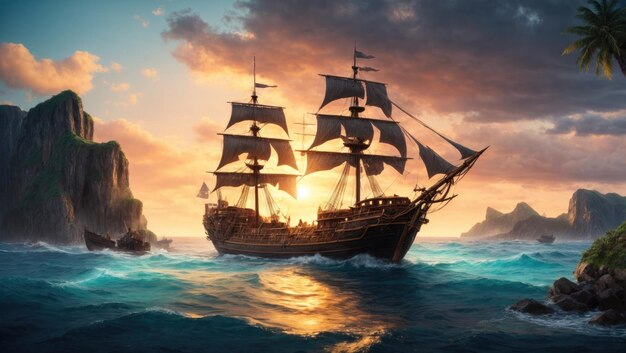 Sunset Serenity Een gestileerde Odyssee van een piratenschip