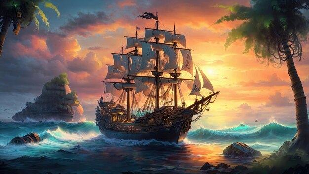 Sunset Serenity Een gestileerde Odyssee van een piratenschip