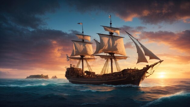 Sunset Serenity Een gestileerde Odyssee van een piratenschip