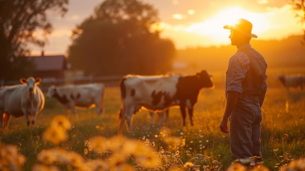 농장 에서 해가 지는 평온 한 모습 한 농부 가 가축 들 과 함께 따뜻 한 빛 에 풀 을 바라보고 있다